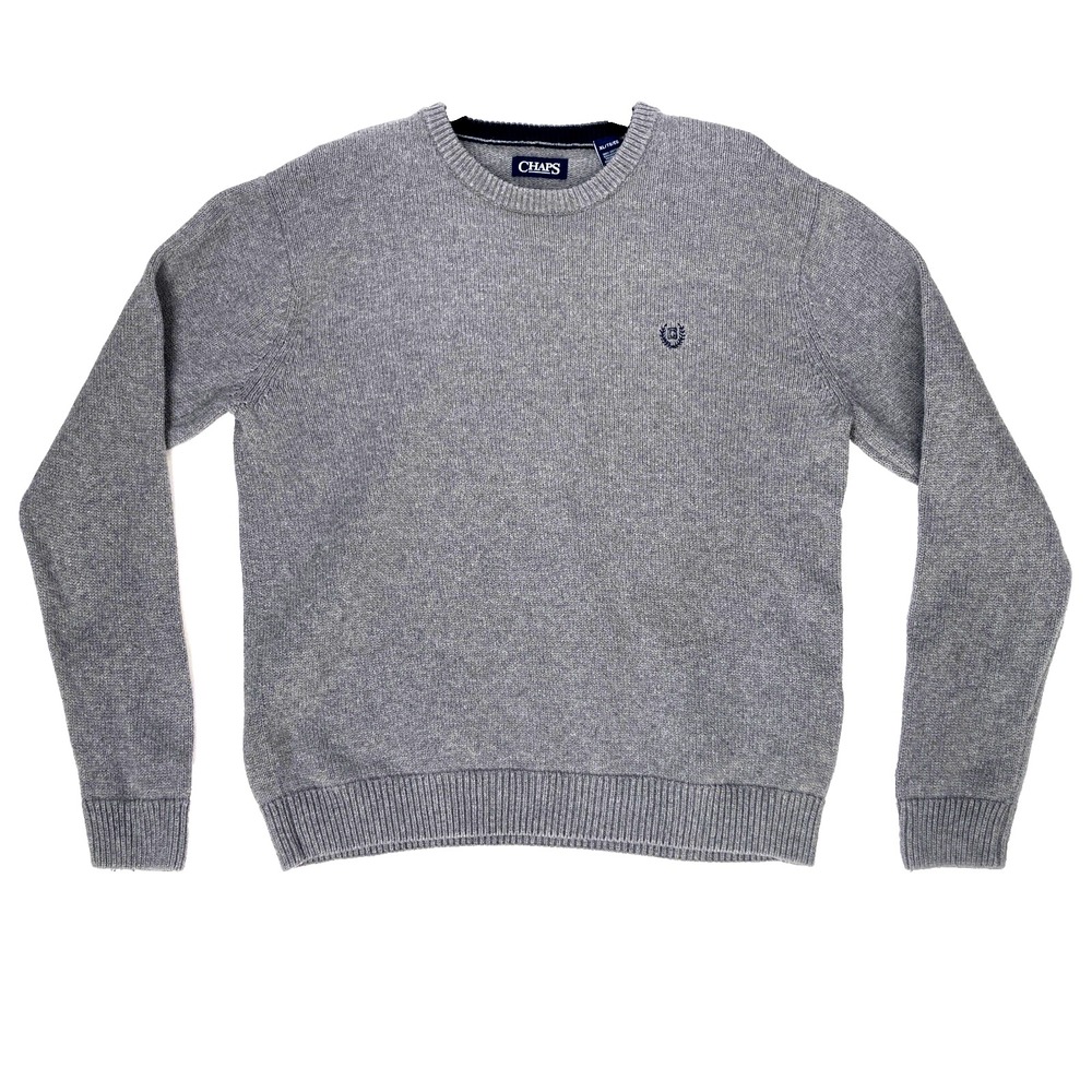 Chaps Mens Crew Neck Sweater XL Knit Pure Cotton Gray Minimalist Preppy Pullover